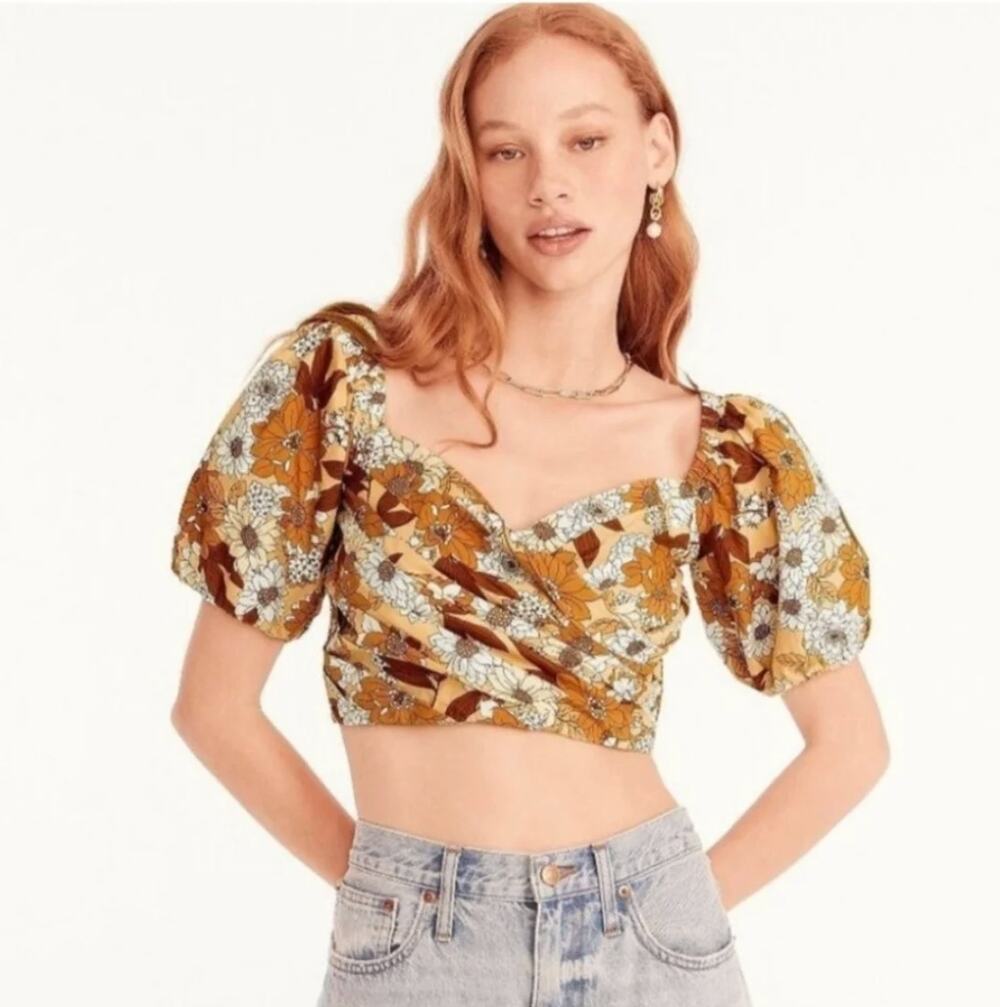 J. Crew Puff Sleeve Organic Cotton Crop Top in Zinnia Floral XS